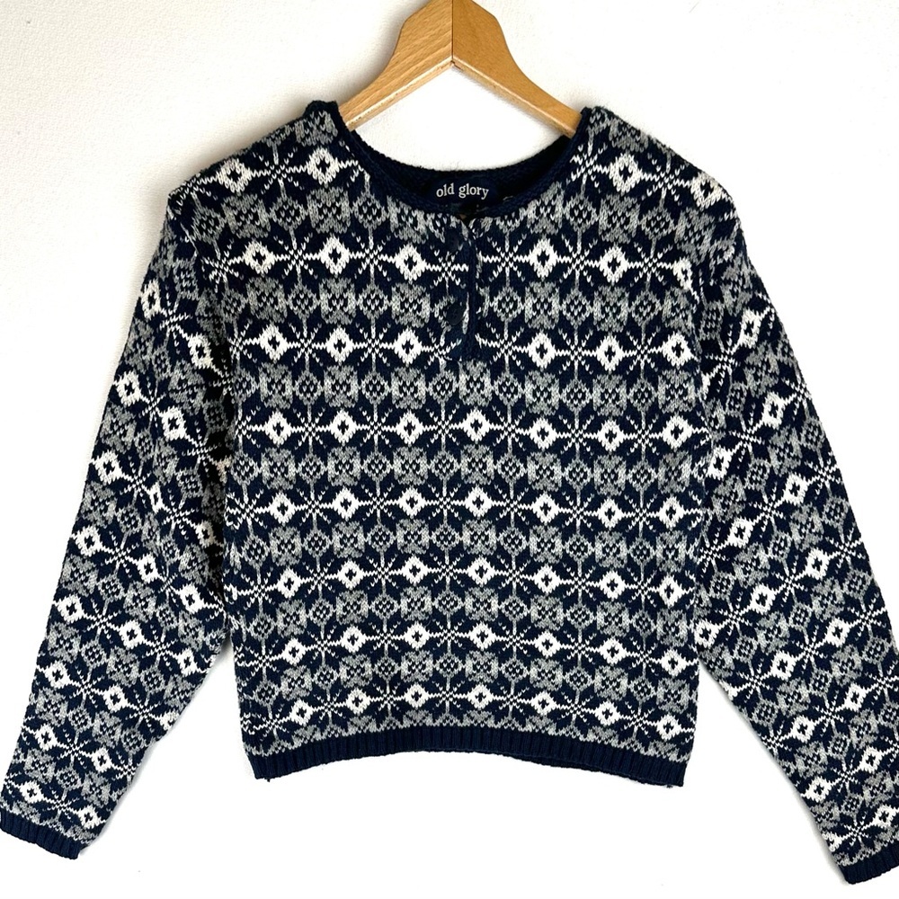 Old Glory Fair Isle Henley Pullover Cotton Sweater Made in USA